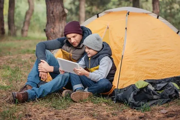 Father and son camping.